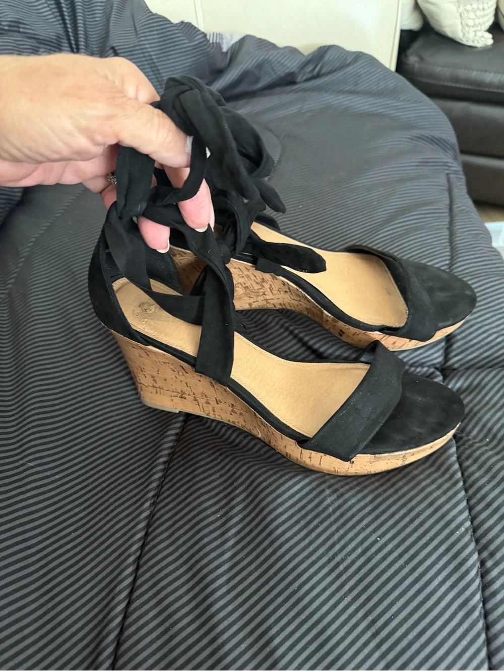 Black Suede Cork Wedge Sandals with Ankle Tie